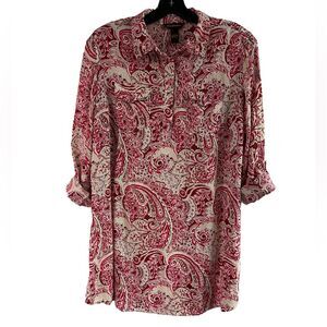 Bit & Bridle Red Paisley Long Tunic Top Roll Tab Sleeves Size S